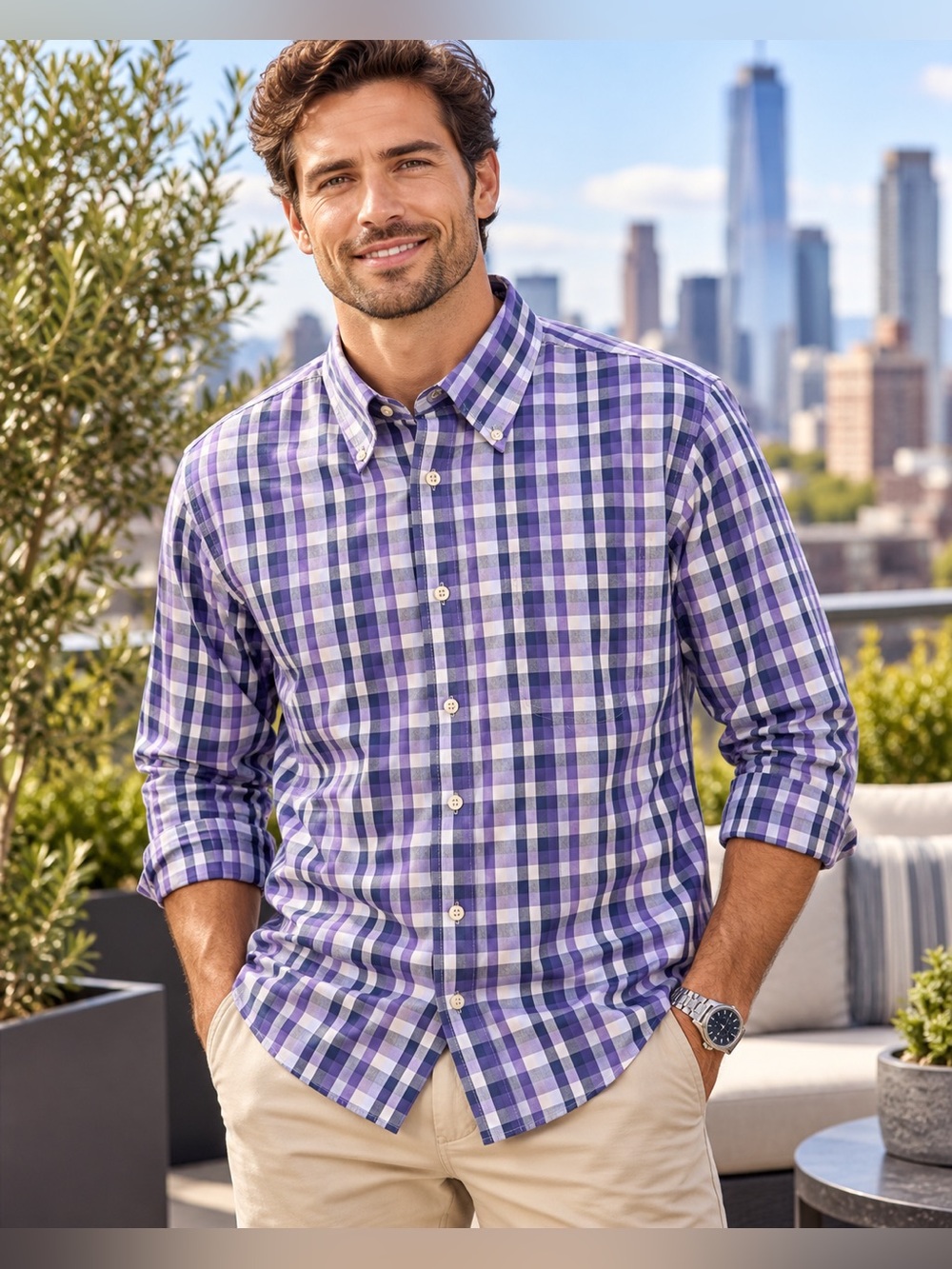CHAPS Men’s Wrinkle Free Plaid Button Down Shirt Purple Blue White 18.5 34/35